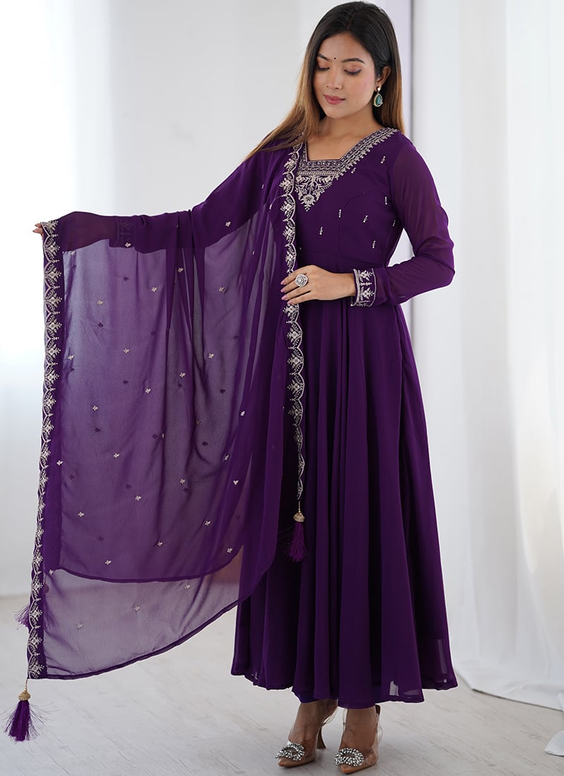 Purple Faux Georgette Embroidered Anarkali Suit Festive Wear