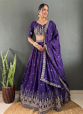 Purple Faux Georgette Embroidered And Sequined Lehenga