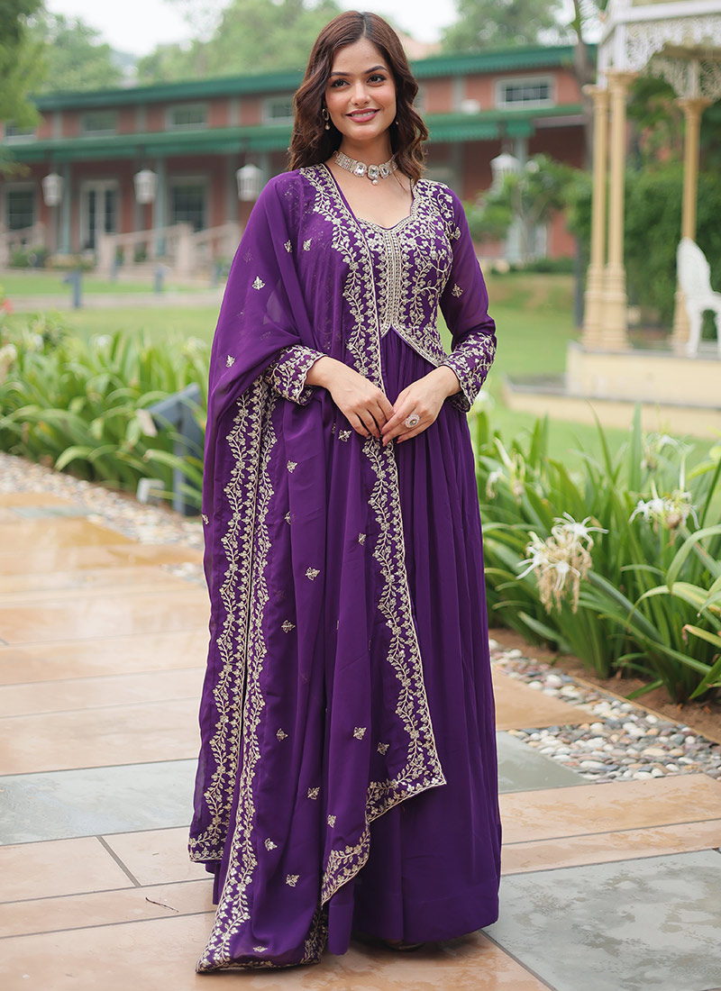 Purple Faux Georgette Embroidered And Zari Anarkali Suit Festive Wear