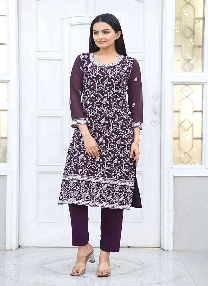 Purple Faux Georgette Embroidered Kurta Straight Pant Set Festive Wear