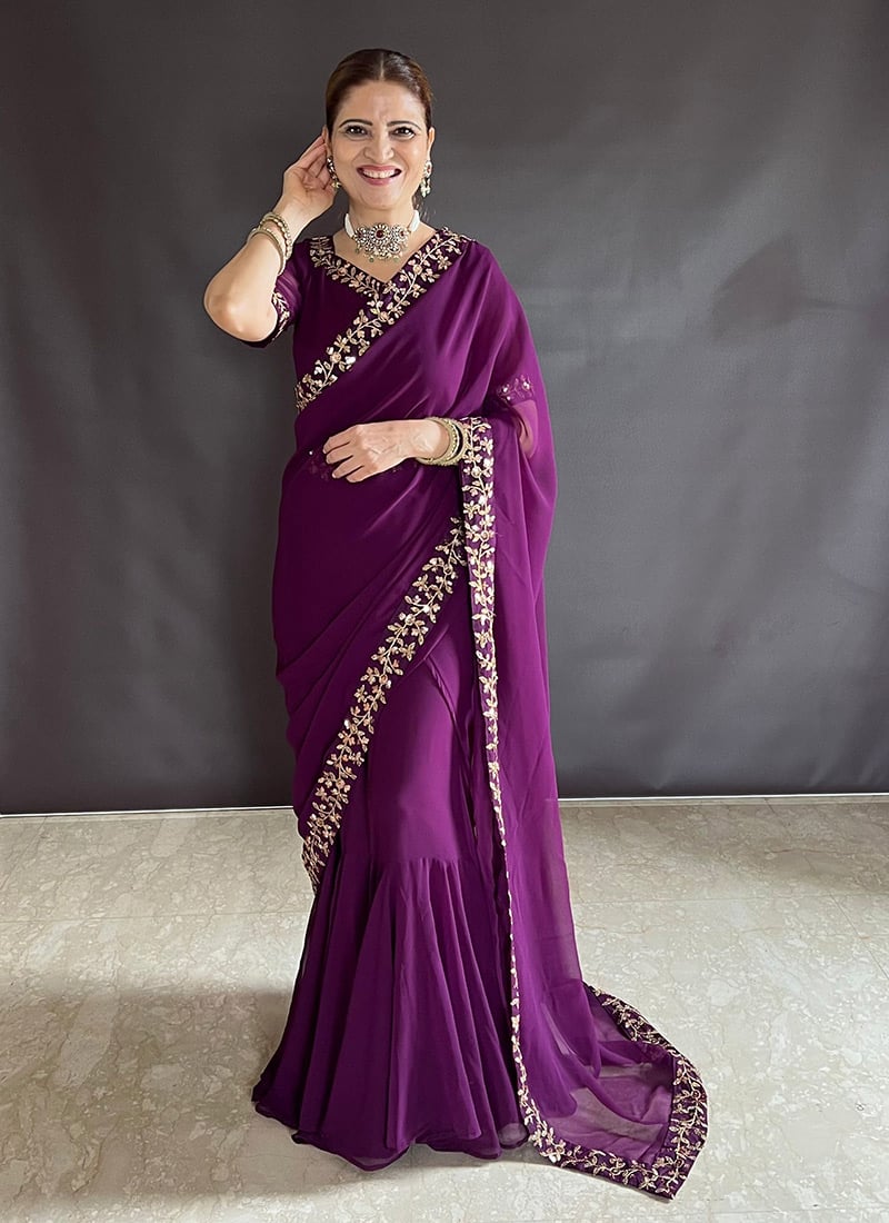 Purple Faux Georgette Embroidered Lehenga Saree Festive Wear