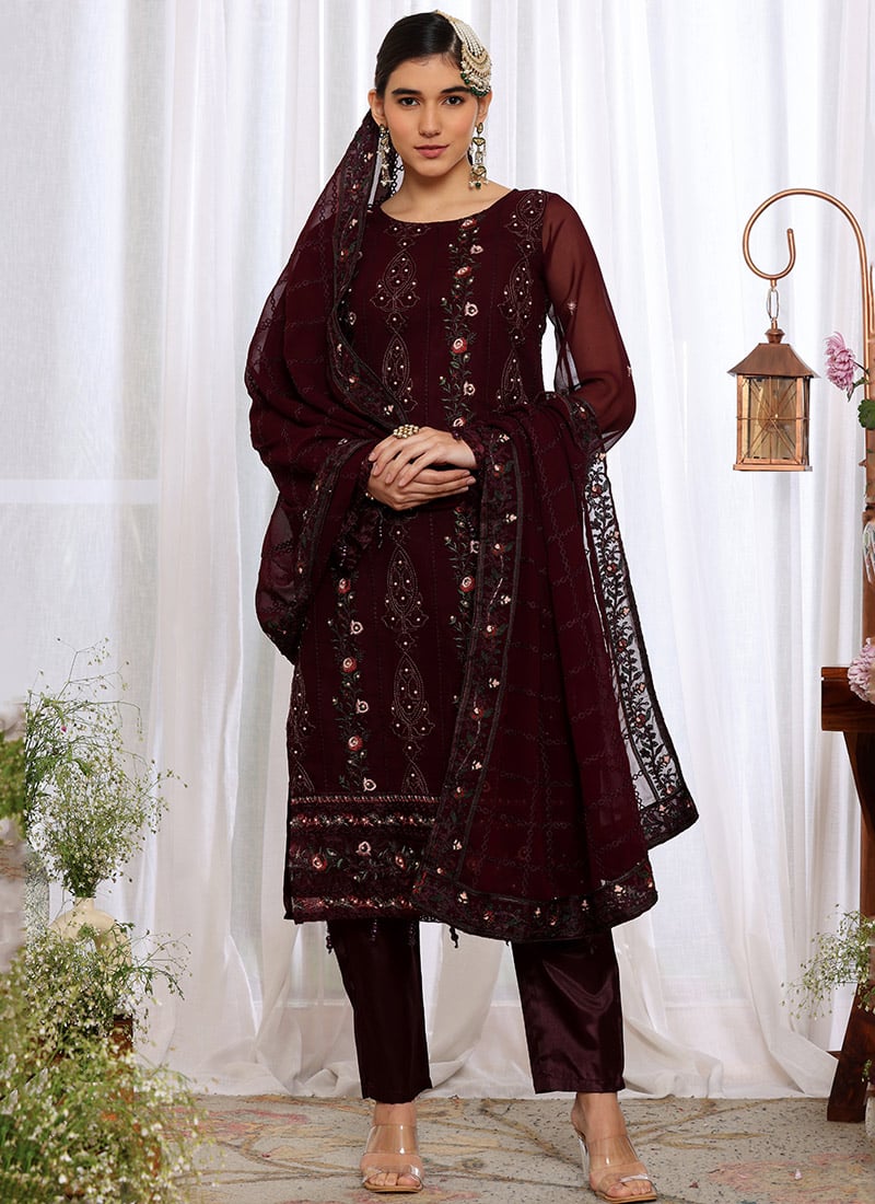 Purple Faux Georgette Embroidered Pakistani Suit
