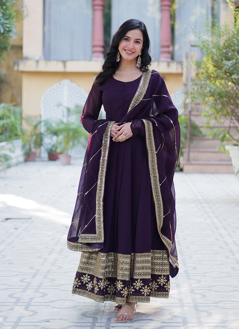 Purple Faux Georgette Embroidered Sequins Anarkali Suit