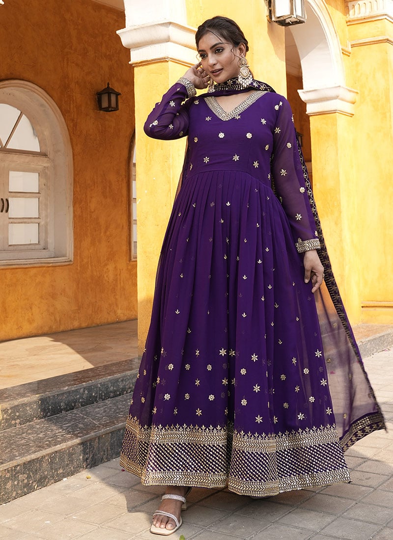 Purple Faux Georgette Embroidered Sequins Anarkali Suit Festive Wear