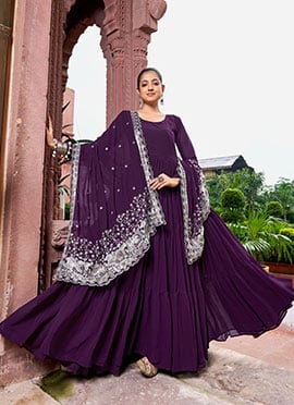 Purple Faux Georgette Embroidered Sequins Anarkali Suit