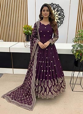 Purple Faux Georgette Embroidered Sequins Anarkali Suit