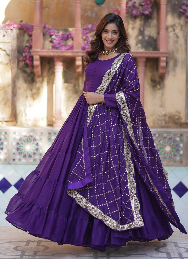 Purple Faux Georgette Embroidered Sequins Anarkali Suit Festive Wear