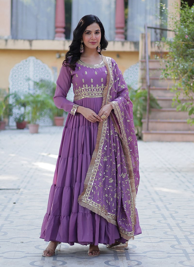 Purple Faux Georgette Embroidered Sequins Anarkali Suit Festive Wear