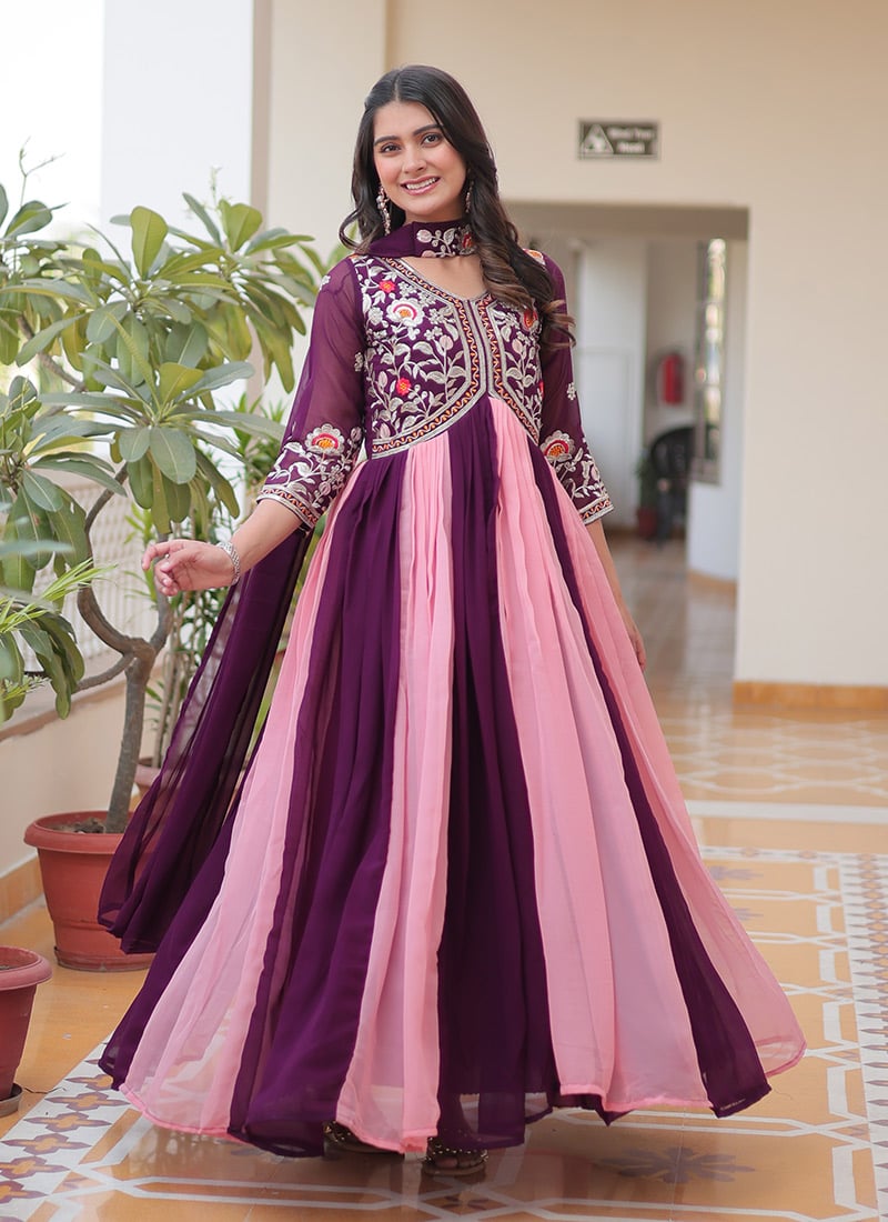 Purple Faux Georgette Embroidered Sequins Anarkali Suit Festive Wear