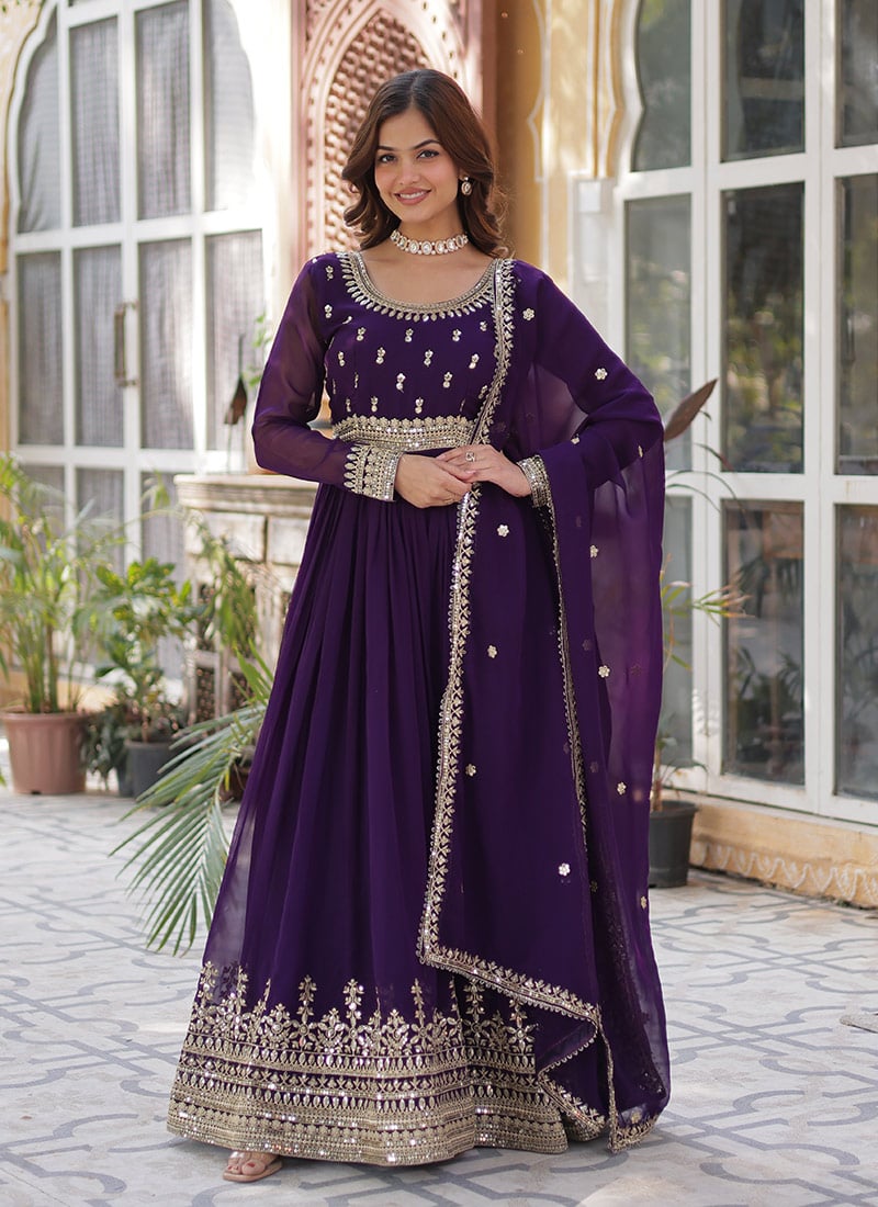 Purple Faux Georgette Embroidered Sequins Anarkali Suit Festive Wear