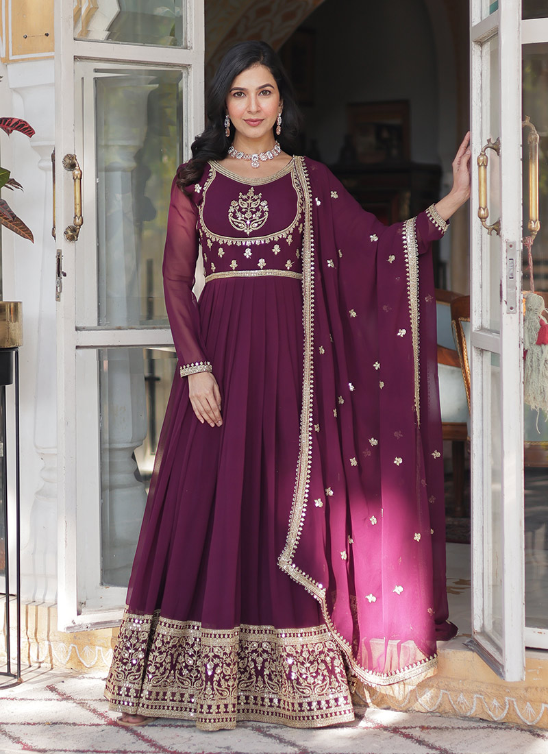 Purple Faux Georgette Embroidered Sequins Anarkali Suit