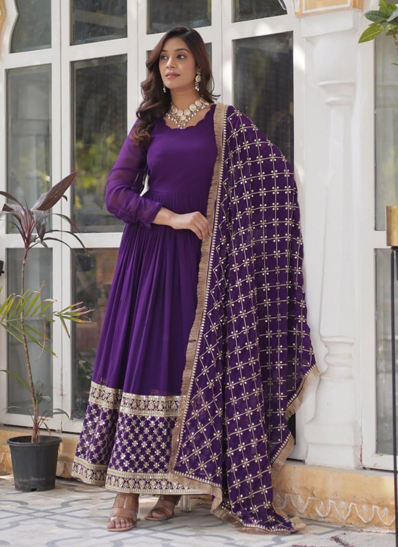Purple Faux Georgette Embroidered Sequins Anarkali Suit