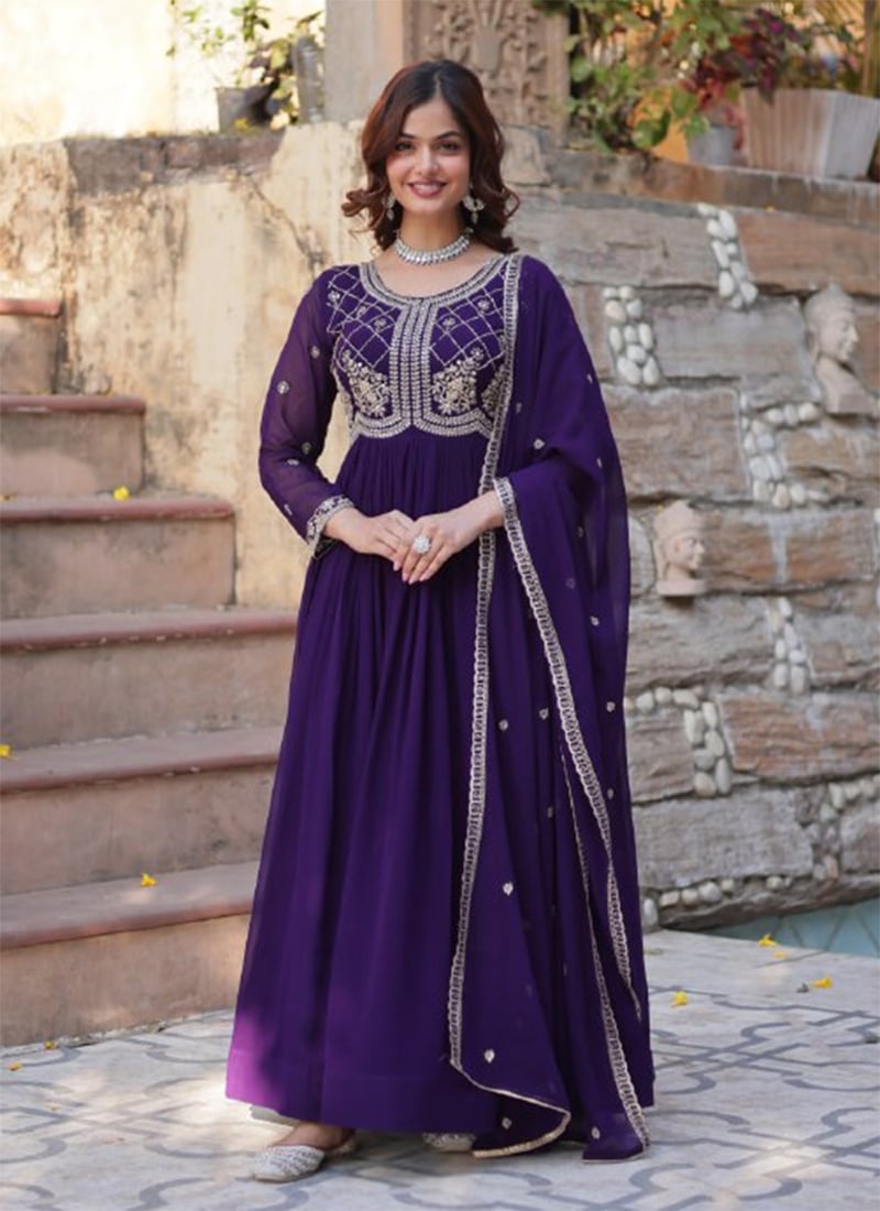 Purple Faux Georgette Embroidered Sequins Anarkali Suit
