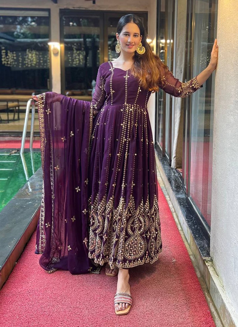 Purple Faux Georgette Embroidered Sequins Anarkali Suit Festive Wear