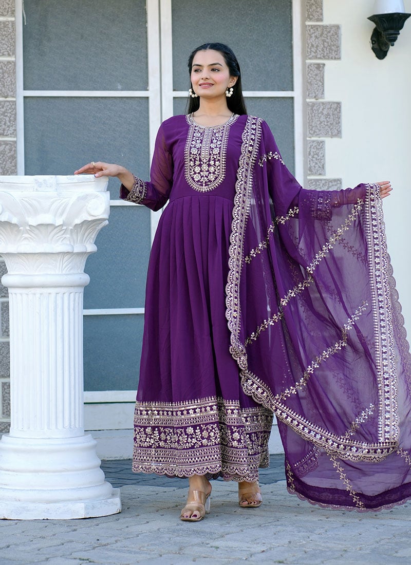 Purple Faux Georgette Embroidered Sequins Anarkali Suit