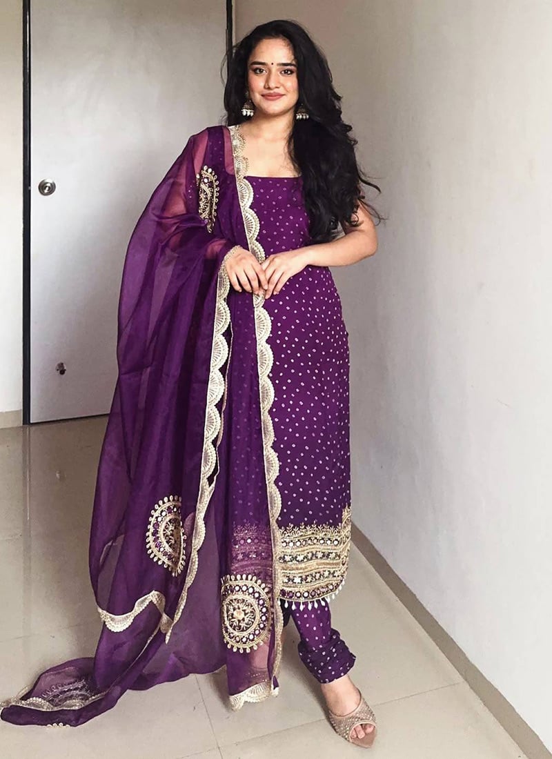 Purple Faux Georgette Embroidered Sequins Bandhini Churidar Suit Festive Wear