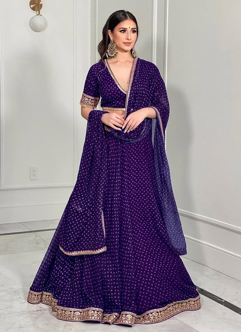 Purple Faux Georgette Embroidered Sequins Bandhini Print Umbrella Lehenga Festive Wear