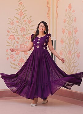 Purple Faux Georgette Embroidered Sequins Beads Work Anarkali Gown
