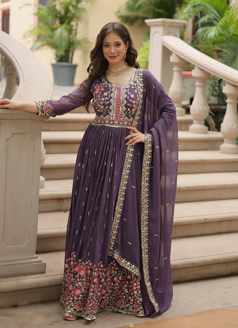 Purple Faux Georgette Embroidered Sequins Elegant Anarkali Suit