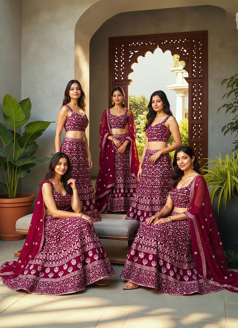 Purple Georgette Embroidered Sequins Lehenga Wedding Wear