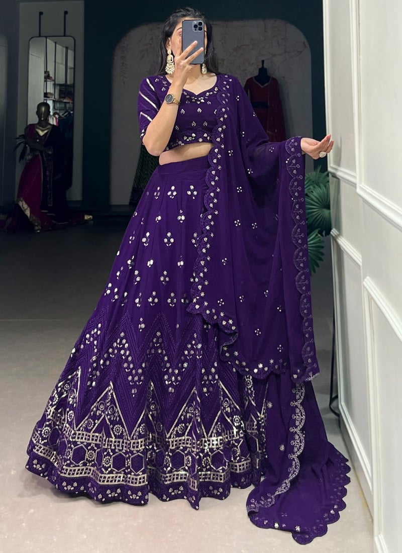 Purple Faux Georgette Embroidered Sequins Lehenga Wedding Wear