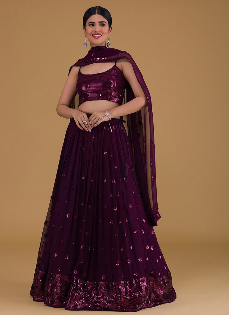 Purple Faux Georgette Embroidered Sequins Lehenga Wedding Wear