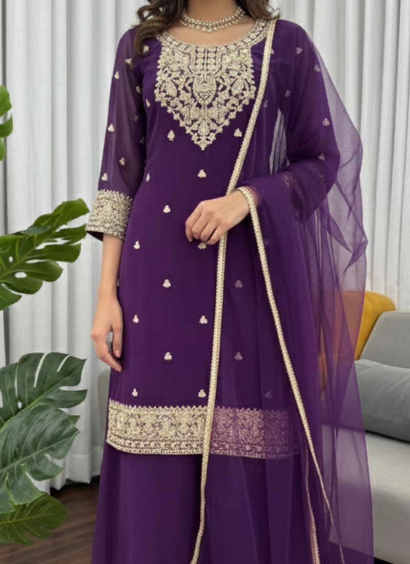Women Violet Faux Georgette Embroidered Palazzo Suit