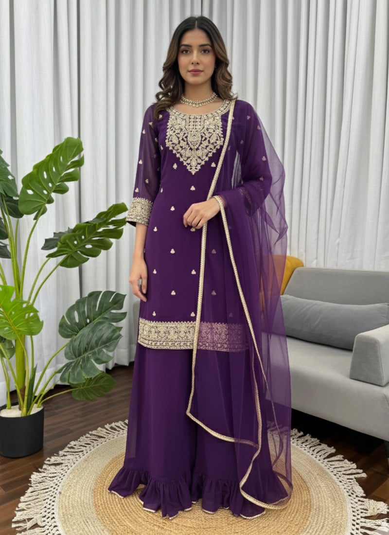 Purple Faux Georgette Embroidered Sequins Palazzo Suit  Festive Wear