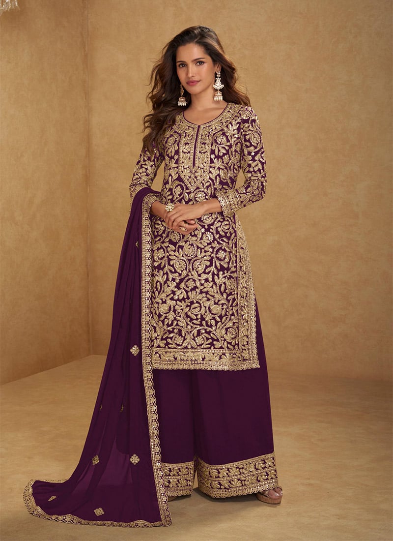 Purple Faux Georgette Embroidered Sequins Palazzo Suit Festive Wear