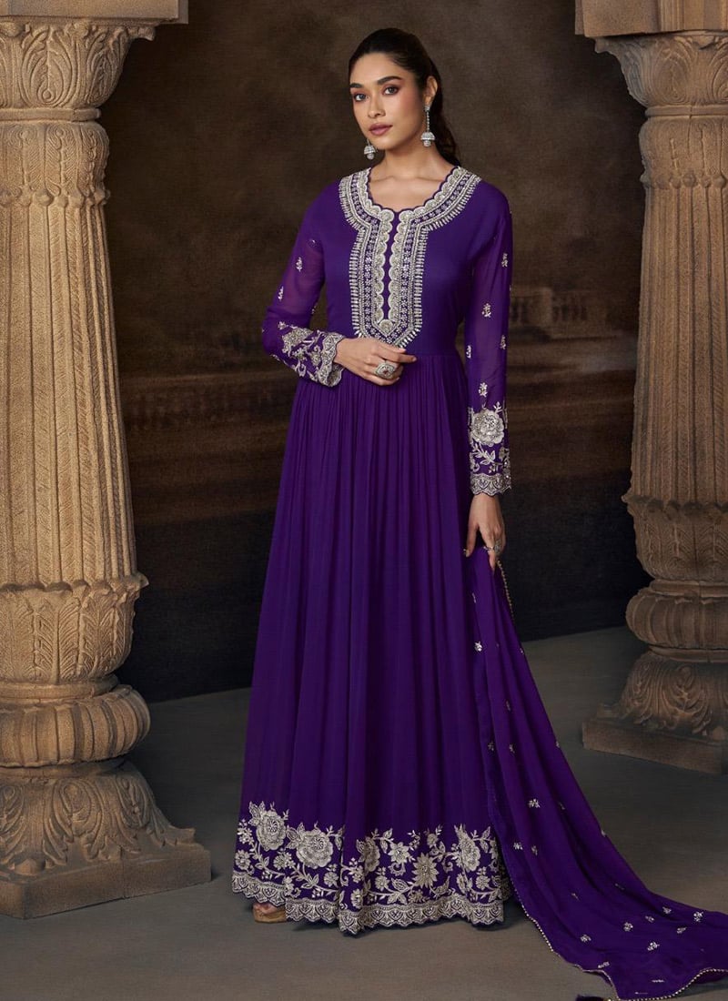 Purple Faux Georgette Embroidered Sequins Stones Beads Anarkali Suit Festive Wear