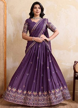 Purple Faux Georgette Embroidered Sequins Thread Umbrella Lehenga