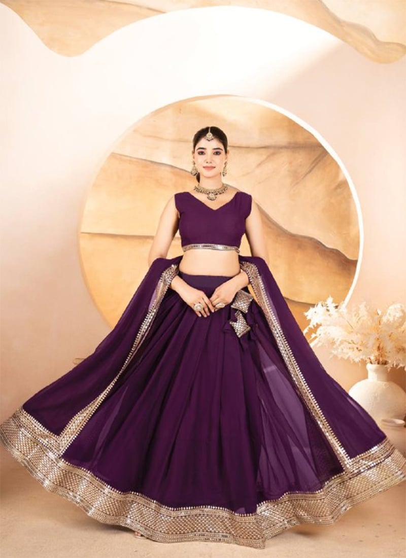 Purple Faux Georgette Embroidered Sequins With Gota Work Lehenga Festive Wear