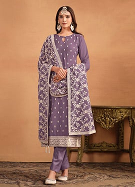 Purple Georgette Embroidered Straight Pant Suit
