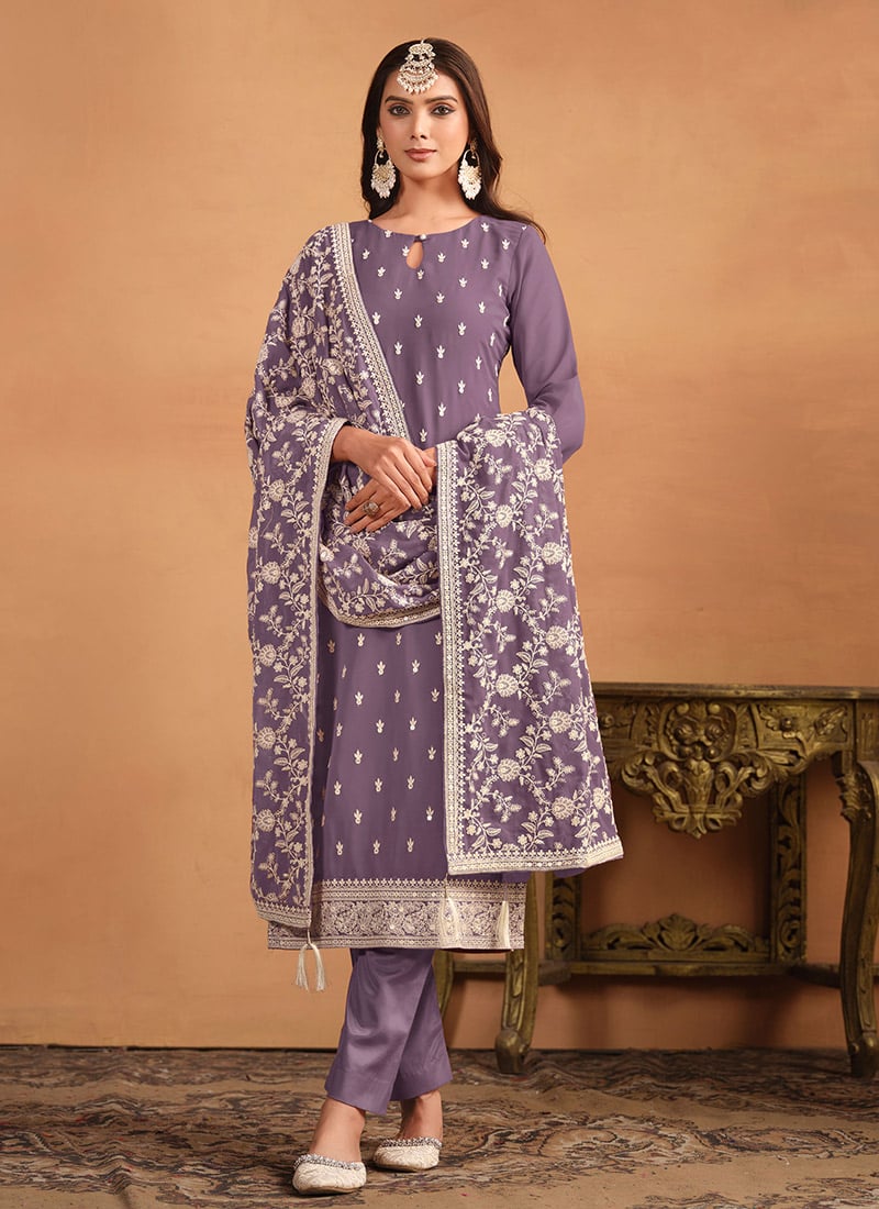 Purple Georgette Embroidered Straight Pant Suit Party Wear