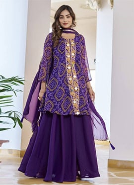 Purple Faux Georgette Embroidered With Bandhini Print And Mirror Work High Slit Palazzo Suit