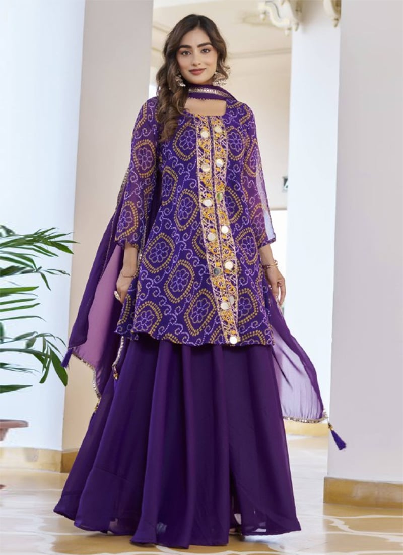 Purple Faux Georgette Embroidered With Bandhini Print And Mirror Work High Slit Palazzo Suit Festive Wear