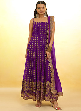 Purple Faux Georgette Festive Anarkali Suit With Embroidery And Sequins