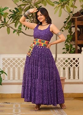 Purple Faux Georgette Kutch Work Bandhini Print Dress