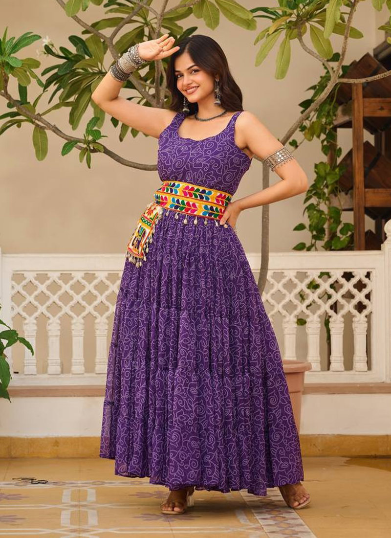 Purple Faux Georgette Kutch Work Bandhini Print Dress Festive Wear