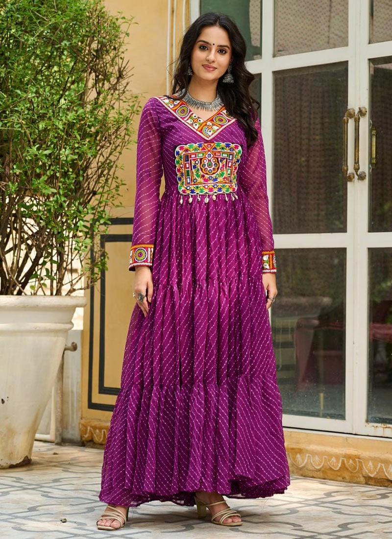Purple Faux Georgette Kutch Work Leheriya Print Anarkali Gown