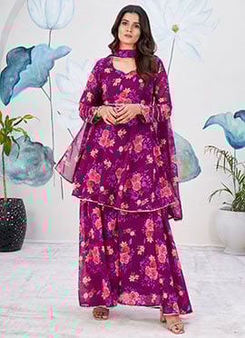 Purple Faux Georgette Printed Gota Palazzo Suit For Simple