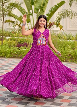 Purple Faux Georgette Printed Kutch Patch Work Gown After Six Wear