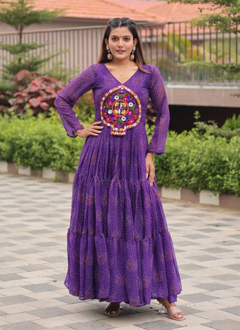 Purple Faux Georgette Printed Kutch Work Dress After Six Wear