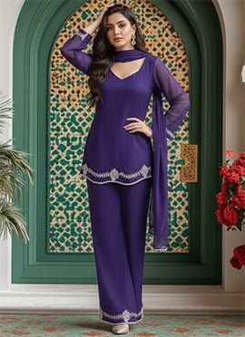 Purple Georgette Resham Stones Classic Palazzo Suit