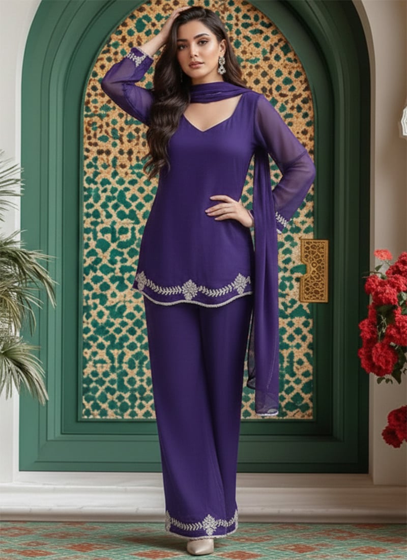 Purple Faux Georgette Resham Stones Classic Palazzo Suit Festive Wear