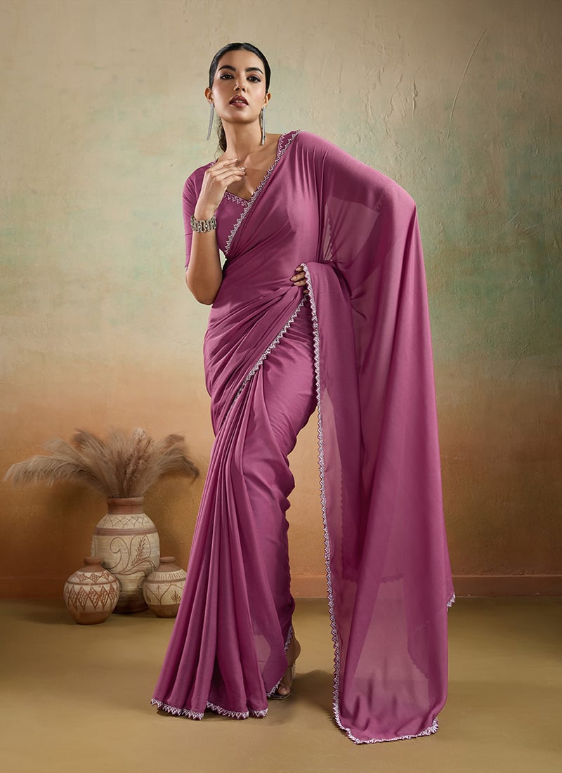 Purple Faux Georgette Saree With Stones Lace Detailing After Six Wear