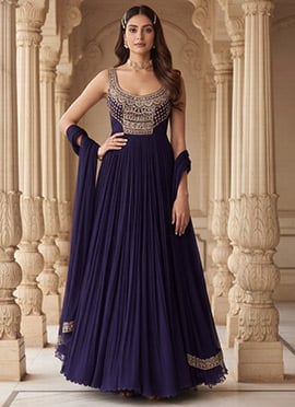 Purple Faux Georgette Sequins Beads Hand Embroidered Abaya Style Anarkali Suit