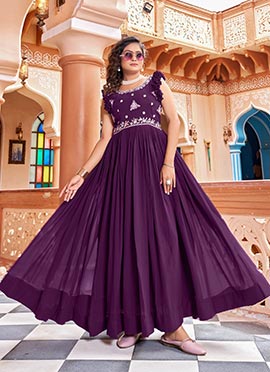 Purple Faux Georgette Sequins Embroidered Anarkali Gown