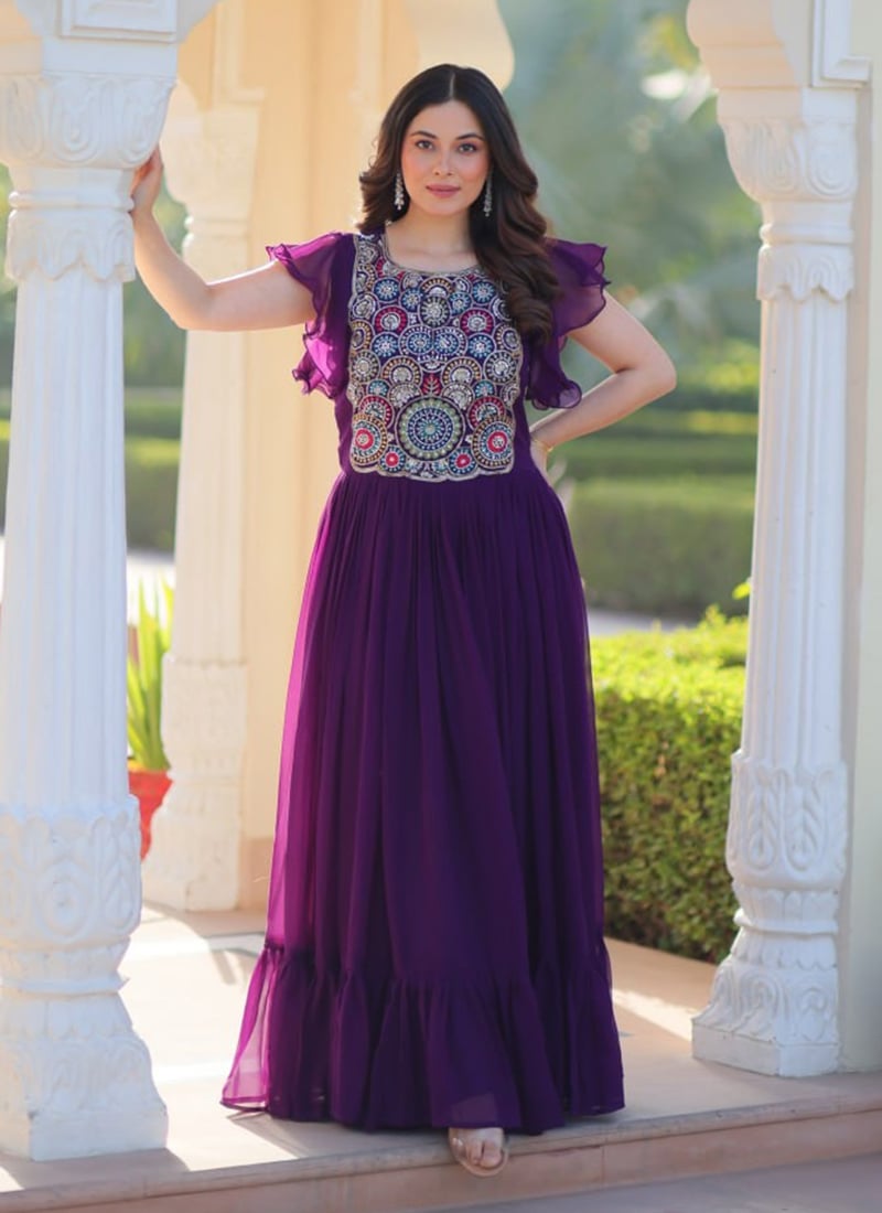 Purple Faux Georgette Sequins Embroidered Anarkali Gown Festive Wear