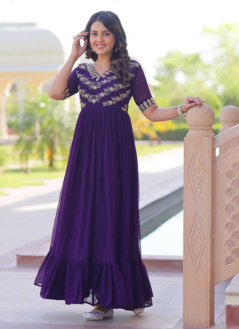 Purple Faux Georgette Sequins Embroidered Anarkali Gown